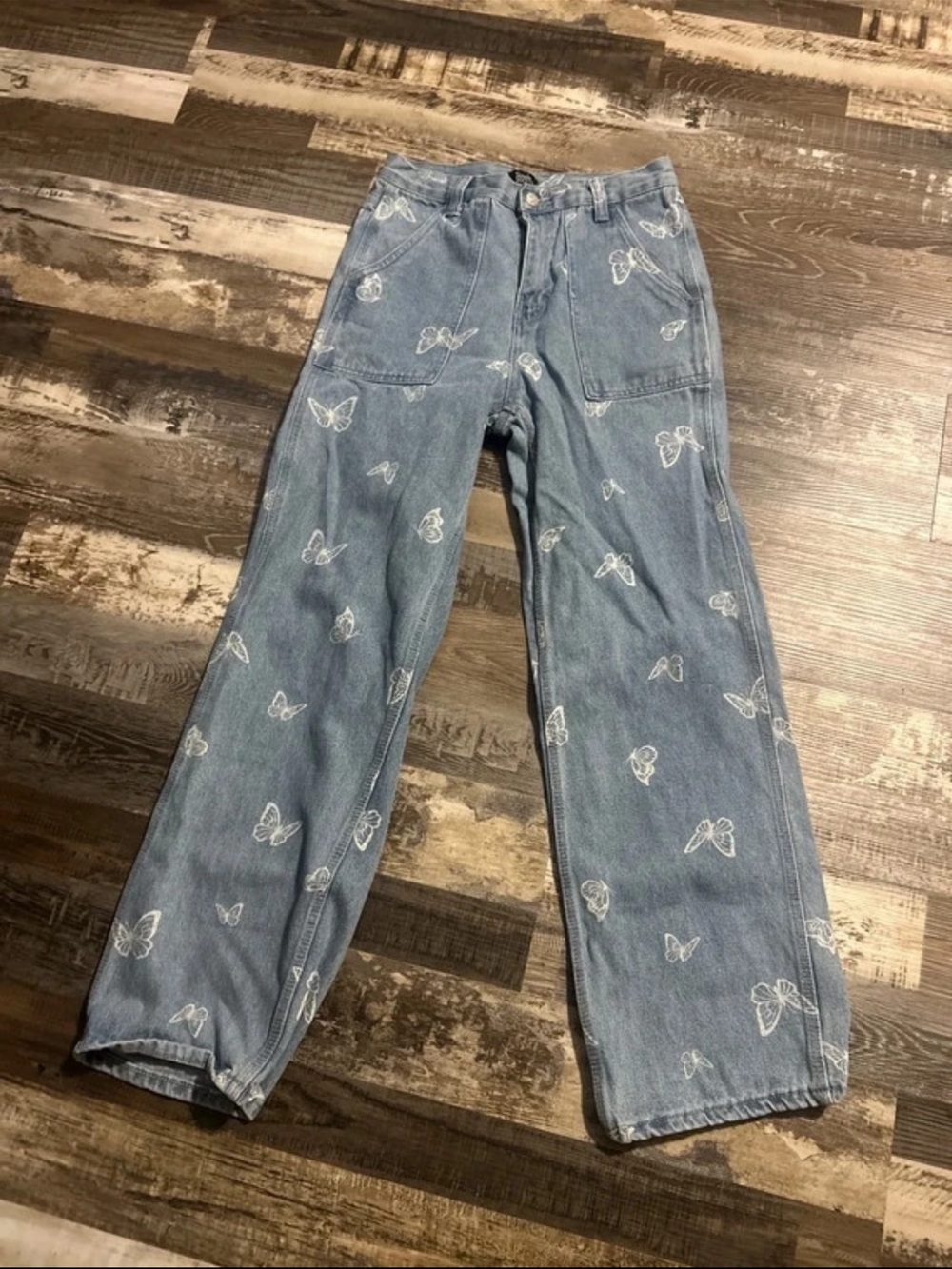 Light Blue Butterfly-Print Boyfriend Jeans